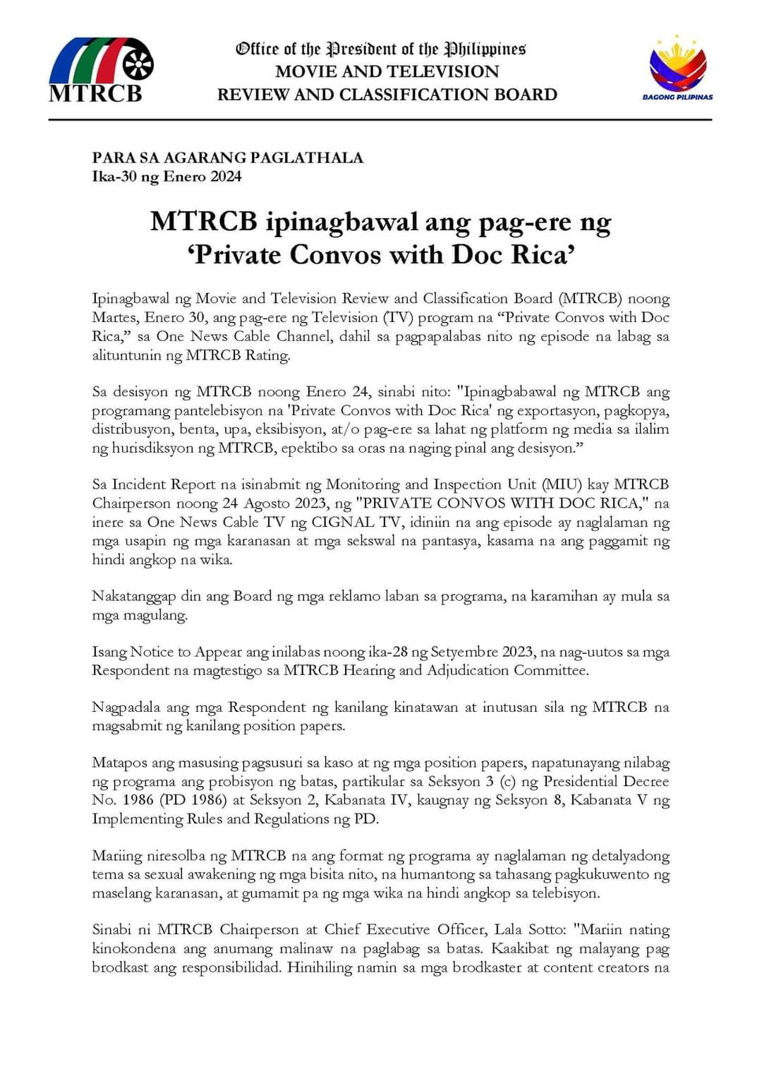 MTRCB Suspends TV5 Show Private Convos With Doc Rica For Its Content