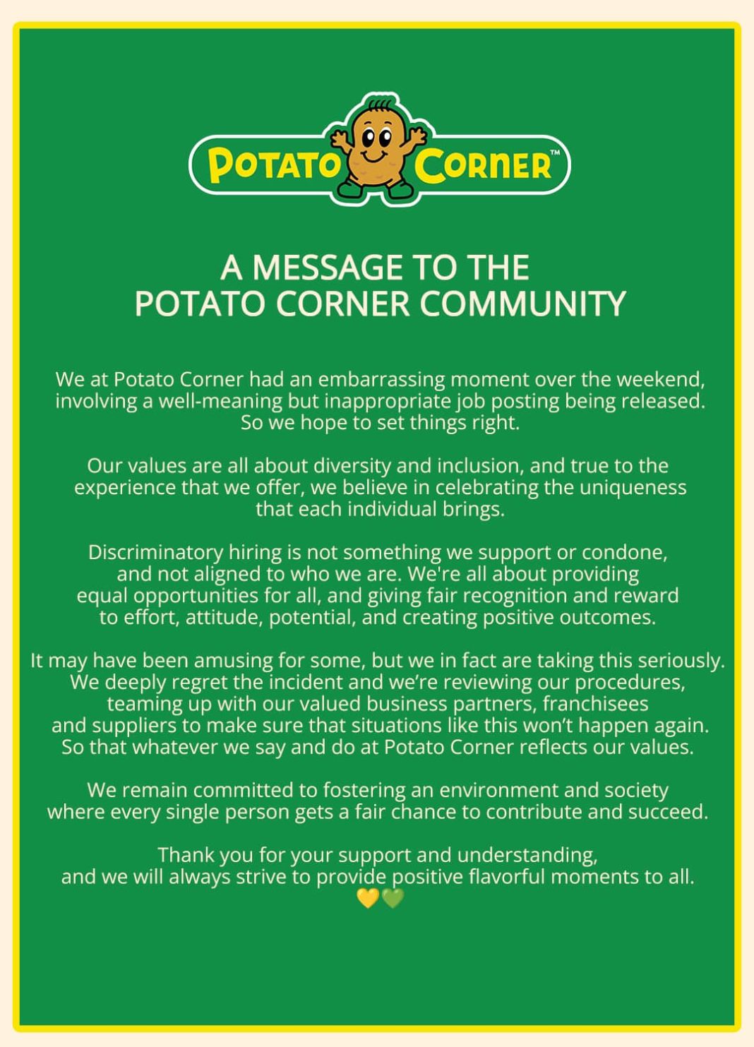 Potato Corner, naglabas ng kanilang pahayag matapos magtrending ang