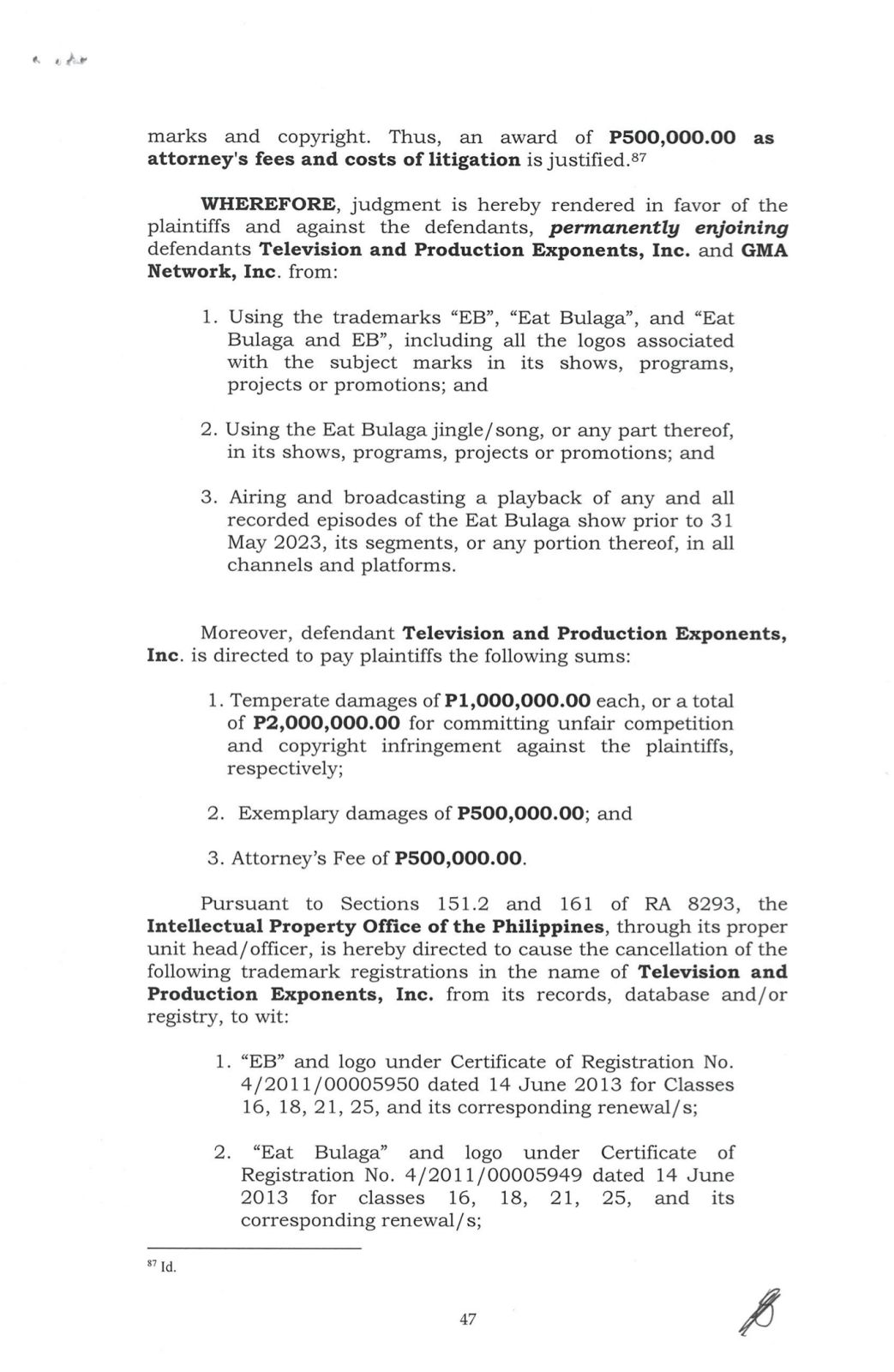 TAPE Inc. pinagbabayad ng nakakalulang halaga sa paggamit ng Eat Bulaga